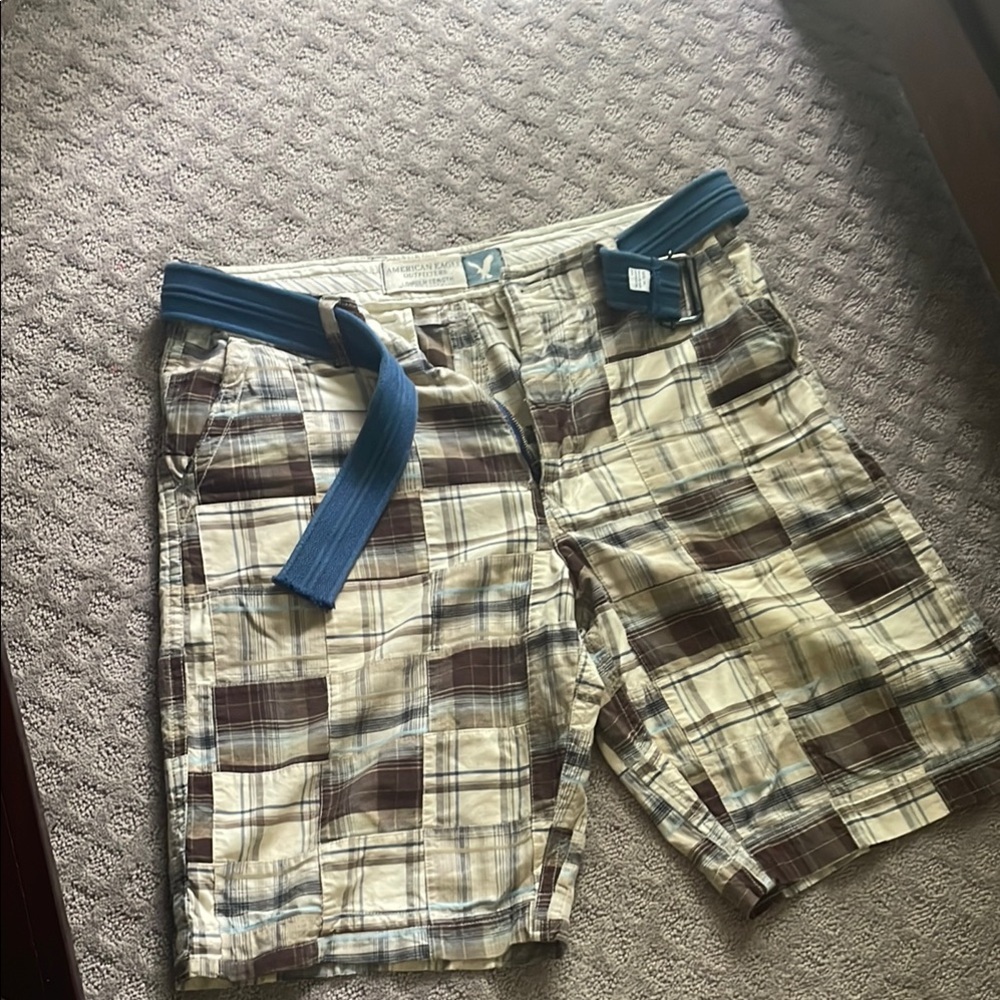 American Eagle Outfitters Plaid Cargo Shorts - Brown and Blue